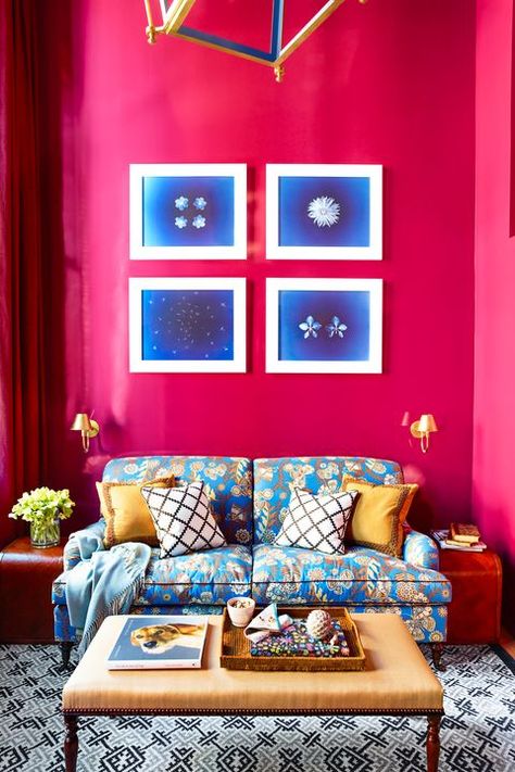 Blue, Living room, Room, Cobalt blue, Red, Furniture, Couch, Interior design, Wall, Majorelle blue, Katie Ridder, Good Living Room Colors, Top Paint Colors, Pink Paint Colors, Pastel Interior, Blue Furniture, Room Paint Colors, Pink Home Decor, Pink Paint