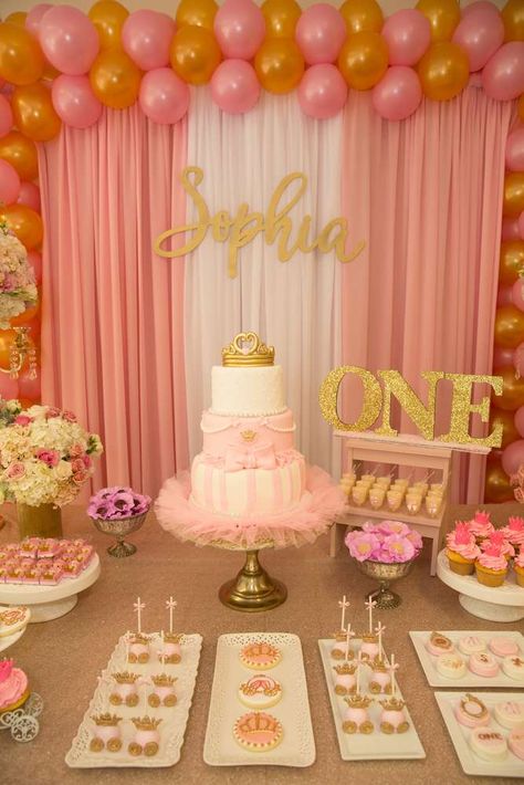 Sophia the Princess Turns 1 | CatchMyParty.com Princess Birthday Party Ideas, 1st Birthday Princess, Princess First Birthday, Princess Birthday Party Decorations, 1st Birthday Girl Decorations, Princess Theme Birthday, Princess Theme Birthday Party, Princess Games, Princess Sophia