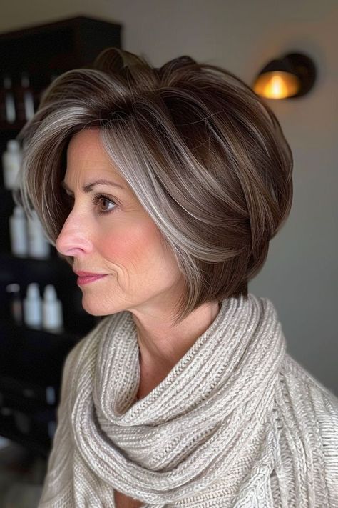 "Elegant Transformations: Gorgeous Hairstyles and Haircuts for Women Over 50. Rediscover Your Radiance! Timeless Looks for Timeless Beauty. Hairstyles For Women Over 50, Women Over 50, Hairstyles For Women, Grey Hair, Brown Hair, Over 50, A Woman, Highlights, Hairstyles