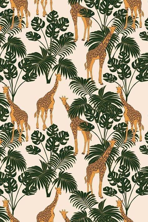 Safari Pattern Wallpaper, Jungle Pattern Design, Jungle Plants, Safari Pattern, Giraffe Illustration, Jungle Life, Wallpaper Seamless, Art Deco Living Room, Jungle Pattern