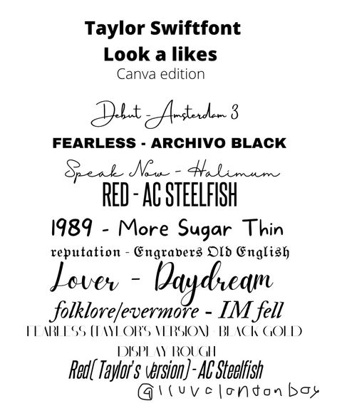 by @iluvalondonboy Taylor Swift Art Reference, Taylor Swift Fonts Word, Taylor Swift Fonts Canva, Fonts Google Docs, Taylor Swift Album Fonts, Fearless Font, Taylor Swift Fonts, Swiftie Core, Canva Tricks