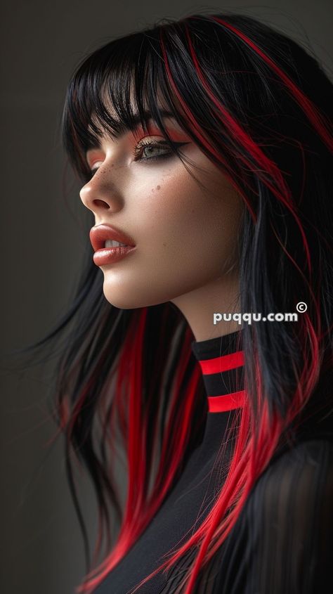 Black Hair with Red Highlights: Perfect Combo for Edgy Vibes Halo Hair Colors, Black Hair With Red, Hair With Red Highlights, Black Hair With Red Highlights, Edgy Vibes, Half And Half Hair, Black Red Hair, Dip Dye Hair, Long Hair Tips