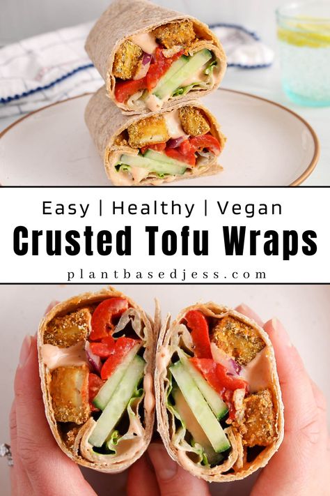 View on a vegan crusted tofu wraps. Vegan Picnic Food, Plant Based Protein Recipes, Spicy Mayo Sauce, Wraps Vegan, Crusted Tofu, Easy Tofu, Tofu Wraps, Vegan Picnic, Crunchy Veggies