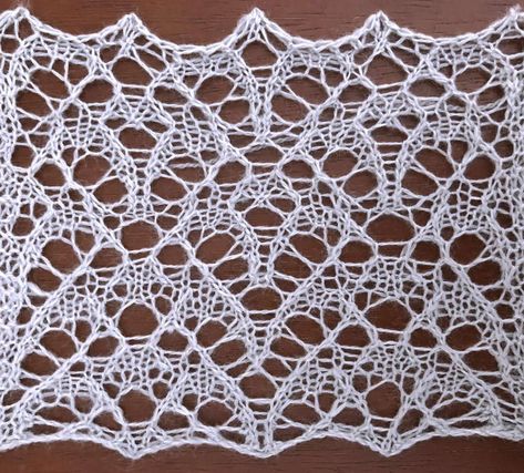 Glacier: a free lace knitting stitch pattern, version 1, by Naomi Parkhurst (swatch photo) Lace Knitting Patterns Free, Estonian Lace Knitting Patterns, Knit Stitch Patterns Cables, Knitting Stitch Patterns, Lace Knitting Shawl, Knitting Projects Free, Lace Knitting Stitches, Crochet Lace Shawl, Pattern Draping