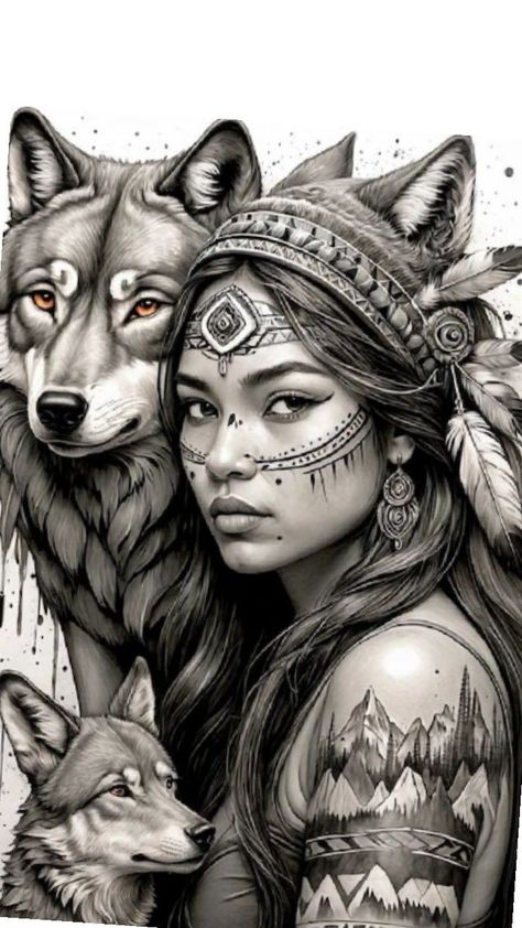 Apache Indian Tattoo, Wild Wolf Tattoo, Tattoos For Women Traditional, Wolf Tattoo For Women, Traditional Wolf Tattoo, Indian Women Tattoo, Native Indian Tattoos, Lone Wolf Tattoo, Wolf Tumbler