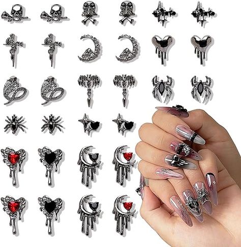 Eseres 30Pcs Halloween Nail Charms 3D Vintage Punk Nail Art Charms for Acrylic Nail DIY Black Red Rhinestones Gothic Nail Art Decorations Punk Nail Art, Goth Nail Art, Gothic Nail Art, Halloween Nails Diy, Halloween Manicure, Nail Charm, Witchy Nails, Nail Art Charms, Black Acrylic Nails