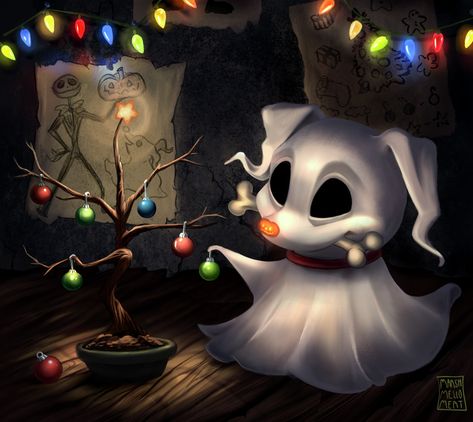 Zero's night before Christmas , on ArtStation at https://www.artstation.com/artwork/g8J8eK Jack N Sally, Halloween Fanart, Nightmare Before Christmas Pictures, Nightmare Before Christmas Wallpaper, Casa Halloween, Jack Skeleton, Sally Nightmare, Creepy Christmas, Night Before Christmas