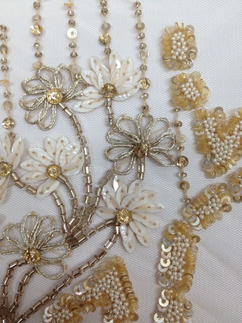 Jali Embroidery, Sequence Work Embroidery Motifs, Gold Bollywood Sets With Pearl Embroidery, Pearl Motifs Embroidery, Luxury Transitional Pearl Embroidery Sets, Herb Embroidery, Luxury Gold Embroidered Beaded Fabric, Zardosi Embroidery, Hand Embroidered Jewelry