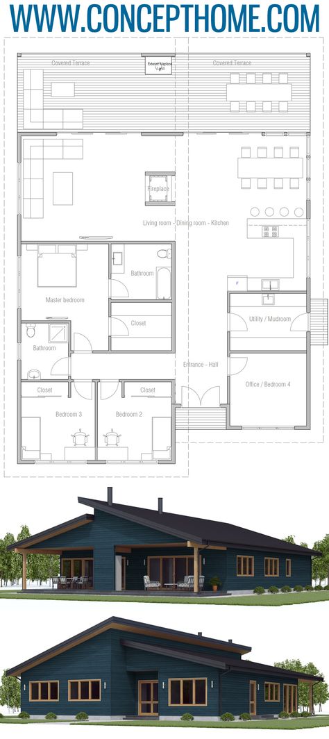 House 150 M2 Plan, One Story Floor Plans, Plan Home, Plans House, Minimalist Layout, Barndominium Floor Plans, House Construction Plan, Barn Style House, House Blueprints