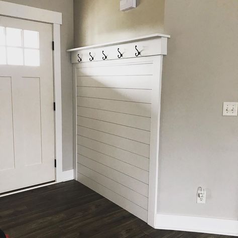 Black Shiplap Entryway, Shiplap Entry Wall, Decorating Airbnb, Entryway Shiplap, Shiplap Foyer, Shiplap Mudroom, Foyer Accent Wall, Decorate Airbnb, Shiplap Entryway