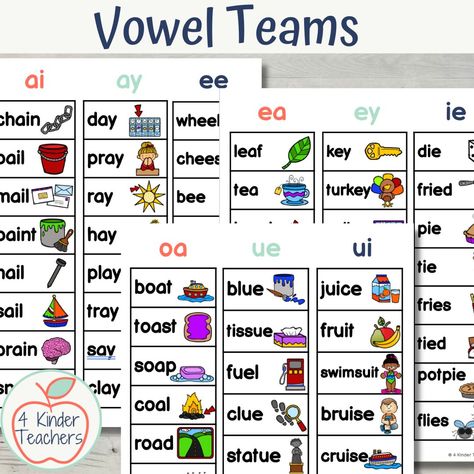 Vowel Teams for Kindergarten - 4 Kinder Teachers Vowel Pairs Worksheet, Vowel Teams Poster, Vowel Teams Worksheets, Vowel Pairs, Long Vowel Worksheets, Vowel Team Words, Teaching Vowels, Vowel Practice, Phonics Printables