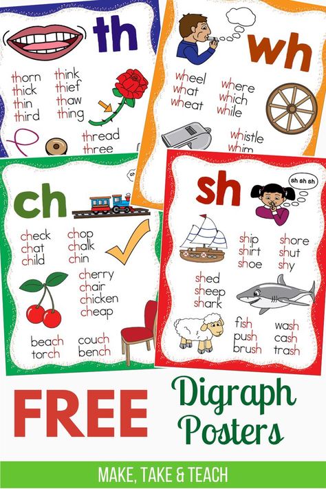 These free digraph posters are helpful when teaching and practicing words containing sh, ch, th and wh. Great for first grade and second grade literacy centers! Diagraph Posters Anchor Charts, Digraphs Anchor Chart, Teaching Digraphs, Digraphs Worksheets, Digraphs Activities, Consonant Digraphs, Phonics Posters, Blends And Digraphs, English Phonics