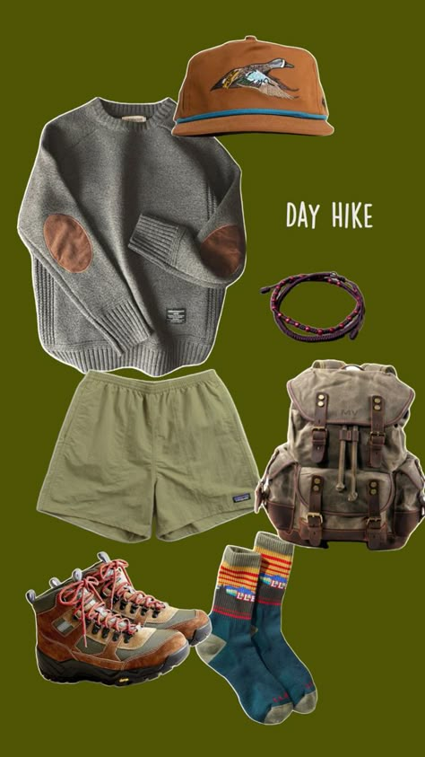 Hiking Wardrobe Capsule, National Park Aesthetic Outfits, Yellowstone Hiking Outfit, Hiking Outfit Men Mountain, Cute Hiking Outfit Spring, Backpacking Europe Outfits, Backpacker Aesthetic, 80s Hiking, Granola Guy Aesthetic