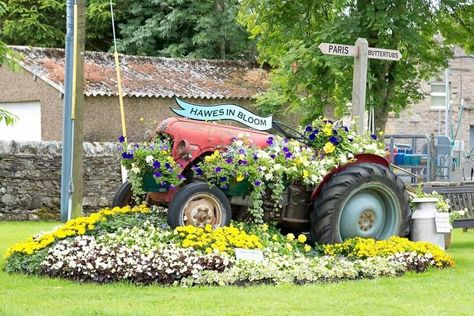 Tractor Garden Decor, Tractor Lawn Decor, Old Tractor Landscaping, Tractor Landscaping, Tractor Decorations, Fall Yard Displays, Landscaping Decorations, Trailer Garden, Mum Lifestyle