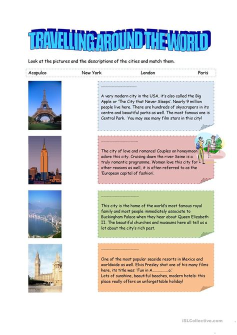 TRAVELLING AROUND THE WORLD I. - English ESL Worksheets for distance learning and physical classrooms Travelling Around The World, Travel English, Vocabulary Exercises, Esl Vocabulary, Cities Around The World, Travel Globe, English Teaching, Travel Writing, Picture Description