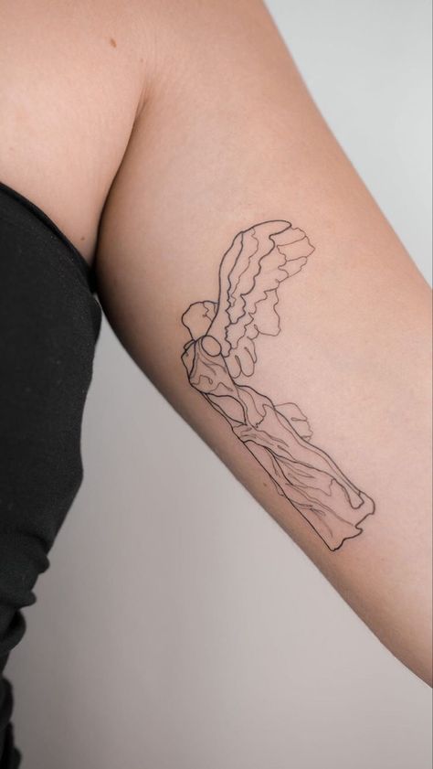 The Louvre Tattoo, Nike Angel Tattoo, Nike Of Somathrace Tattoo, Nike Sculpture Tattoo, Athena Nike Tattoo, Statue Of Venus Tattoo, Minimalist Statue Tattoo, Athena Line Tattoo, Athena Sculpture Tattoo