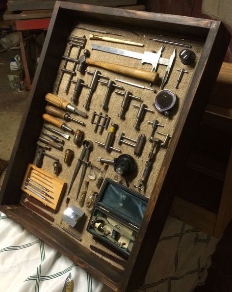 Travel Shadow Boxes, Tool Display, Rusty Tools, Antique Hand Tools, Diy Shadow Box, Shadow Box Art, Antique Tools, Old Tools, Unique Diy Gifts