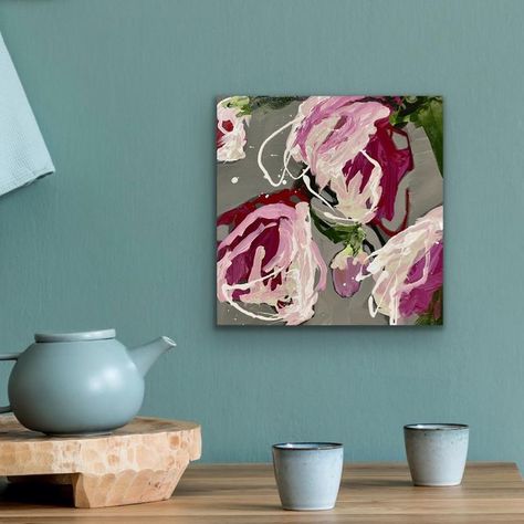 Abstract Art by Sandy Palasti on Instagram: "My sister wanted a small painting of my downward facing flowers. They are definitely a recurring theme in my work, but it is no surprise as I am surrounded by magnolia trees. I even named my new puppy Magnolia Blossom (photo added for cuteness.)" Abstract Magnolia Painting, Abstract Magnolia, Magnolia Painting, Magnolia Paint, Magnolia Blossom, Magnolia Trees, Flower Art Painting, Small Paintings, New Puppy