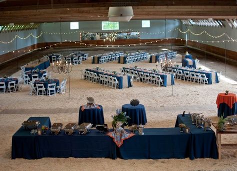 Photo by Joshua C. Volff. From riding arena to wedding venue.... Indoor Western Wedding, Riding Arena Wedding, Rodeo Arena Wedding, Quince Entrance With Horse, Horse Arena Wedding, Horse Arena Wedding Reception, Horse Wedding Entrance, Indoor Riding Arena Wedding, Covered Outdoor Riding Arena