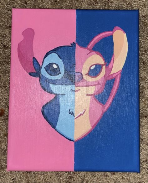 Stitch And Angel Painting Canvases Easy, Pink Stitch Painting, Lilo And Stitch Painting Easy, Stitch And Angel Painting, Stitch Painting Ideas, Stitch Painting Canvases Easy, Stitch Canvas Painting, Really Easy Paintings, Stitch Paintings