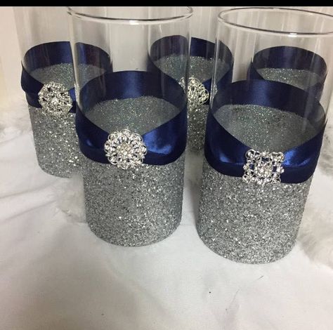 Navy Blue Wedding Theme, Glitter Vases, Blue Wedding Centerpieces, Silver Centerpiece, Fake Wedding, Blue Bridal Shower, Bridal Shower Centerpieces, Denim And Diamonds, Dress Children