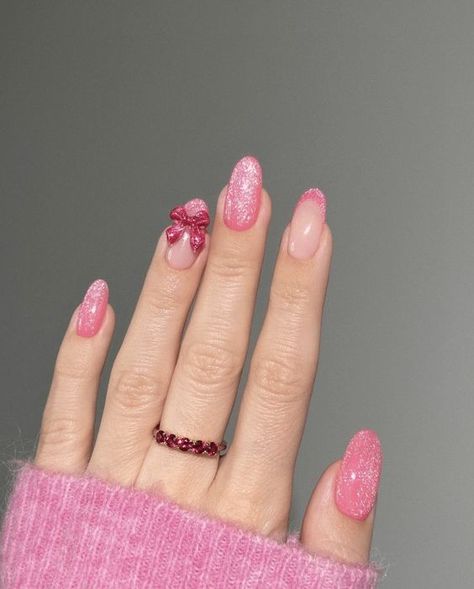 Velvet Nails Pink, Bow Tie Nails Design, Pink Graduation Outfit, Aesthetic Birthday Nails, Pink Birthday Nail Designs, Bows On Nails, Pink Velvet Nails, Pink Princess Nails, Barbie Inspired Nails