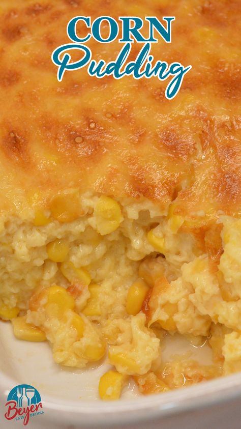 This easy corn pudding recipe combines creamed corn, kernel corn, cornstarch, and evaporated milk for a smooth, creamy side dish. Perfect for holiday gatherings or cozy dinners, it’s made from scratch and packed with flavor! Save this recipe for a crowd-pleasing dish everyone will love. #CornPudding #HolidayRecipes #ComfortFood #EasyRecipes Amish Creamed Corn, Recipes For Creamed Corn, Easy Baked Corn Recipe, Corn Pudding With Ritz Crackers, Creamed Corn Pudding, Corn Custard Pudding, Old Fashioned Corn Pudding, Corn Pie Recipe Simple, Easy Corn Pudding Recipe