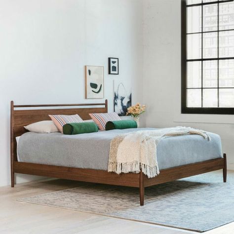 Fit for a King & Queen: Restful Ideas for a Modern Bedroom | Articulate Article Bed, Mid Century Modern Bedroom Furniture, Mid Century Modern Bed, Walnut Bed, Modern Beds, Article Furniture, Modern Bed Frame, Mid Century Modern Bedroom, Contemporary Mid Century