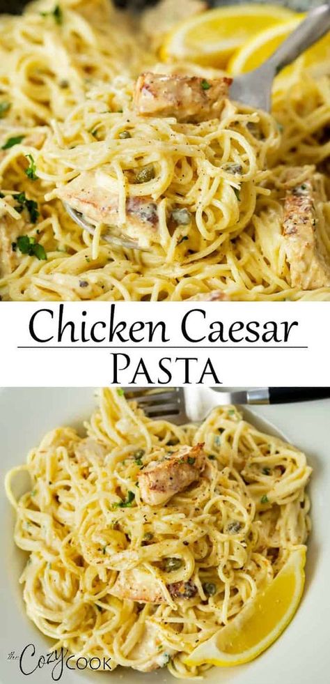 Cooked Pasta Recipes, Chicken Caesar Pasta, Cozy Cook, Caesar Pasta, Creamy Parmesan Sauce, Blackened Chicken, Chicken Caesar, Angel Hair Pasta, Creamy Parmesan