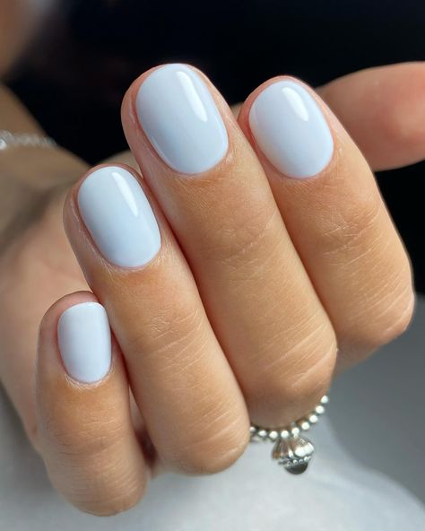 Light Blue Nail Polish Ideas, Light Blue Manicure Short, Light Blue Nails Manicure, Icy Blue Manicure, Gel Manicure Ideas For Short Nails Round, Milky Blue Dip Nails, Oval Powder Dipped Nails, Gel Nails Plain Color Summer, Shellac Nails Solid Color