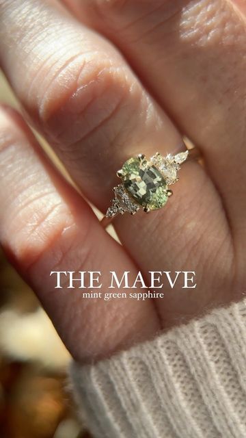 Pale Green Sapphire Engagement Ring, The Maeve Ring, Engagement Rings Birthstone, Engagement Ring With Green Accents, Mint Sapphire Engagement Ring, Green Sapphire Ring Engagement, Sage Green Engagement Ring, Light Green Engagement Ring, Colored Engagement Ring