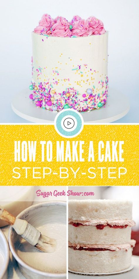 How to make a cake for the very first time, step-by-by step instructions with photos showing how to bake, how to fill and frost and how to do some simple decorating. The best tutorial on how to make a cake that is easy and beautiful! How To Bake Cake Step By Step, Cake Making For Beginners, Lego Torte, Cake Step By Step, Almond Bread, Simple Decorating, Resipi Kek, Dump Cakes, Cake Wrecks