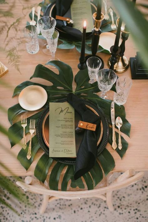 Wedding invite. Wedding photography. Wedding decor. Tropical Dinner Table Setting, Samoan Tongan Wedding, Orchid Place Setting, Tropical Wedding Greenery, Hawaiian Wedding Theme Decoration, Palm Leaf Table Decor, Tropical Chic Wedding Decor, Tropical Reception Decor, Hawaii Wedding Decor