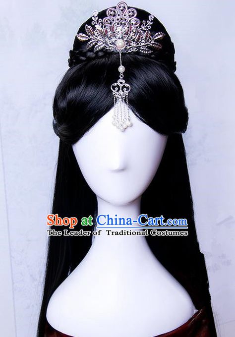 Traditional Handmade Ancient Chinese Tang Dynasty Princess Hair Decoration and Wig Complete Set, Ancient Chinese Empress Headwear and Wig for Women Chinese Traditional Hairstyles, Ancient Chinese Hairstyles, Visor Hairstyles, Chinese Empress, Traditional Asian Dress, Traditional Hairstyle, Chinese Style Dress, Chinese Hair Accessories, Hair Sketch