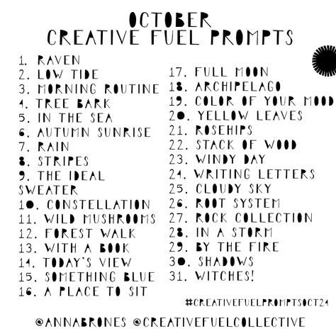 October Creative Prompts Easy Art Prompts, Collage Prompts, October Poem, Fantasy Inspo, Creative Prompts, Prompt List, Photo A Day Challenge, Morning Pages, Creativity Exercises