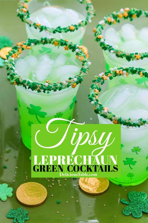 Let the cheeky shenanigans begin with the wearing of green and delicious drinks to match. Bring the luck of the Irish into your St. Patrick's day fun with these Tipsy Leprechaun green cocktails. These are easy to make for parties. Celebrate with four-leaf clover sprinkles on the rim with a good luck wish in every sip. Drunken Leprechaun Drink, Old Smokey Mint Chocolate Chip Drinks, Adult St Patrick’s Day Party, St Pattys Drinks Easy, St Paddy’s Day Drinks, St Patrick’s Day Punch, St Patricks Day Bachelorette Party Ideas, St Patrick’s Drinks, St Patrick’s Day Drinks Recipe