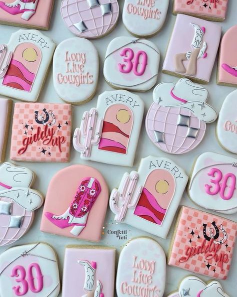 Kerstyn Lott on Instagram: "🪩Long live Cowgirls 🪩  Lots of inspo from the birthday girl  #cowgirlcookies #discocowgirlbirthday #discocowgirlcookies #discocookies #birthdaycookies #decoratedcookies #cookiedecorating #designercookies #cookiedesign #cookieart #cookieartist #instacookies #cookieoftheday #dfwcookies #dallascookies #confettiyeticookies #friscocookies" Space Cowgirl Cookies, Disco Cowgirl Cookies Birthday, Nashville Birthday Cookies, Disco Cowgirl Bachelorette Cookies, Cowgirl Cookies Birthday, Cowgirl Cookies, Hat Cookies, Pink Cowgirl, Cowgirl Birthday