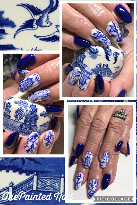 #nailsofpinterest #nailsofinstagram #bluewillowtreechinanails #bluewillow #nailart #handpainted #nailartist #yournailsmycanvas #thepaintednailalton White And Blue China Nails, Blue Willow Nails, Blue And White Porcelain Nails, Bluebonnet Nails, Blue And White China Nails, Blue China Nails, China Nails Design, Porcelain Nails, Nailart Blue