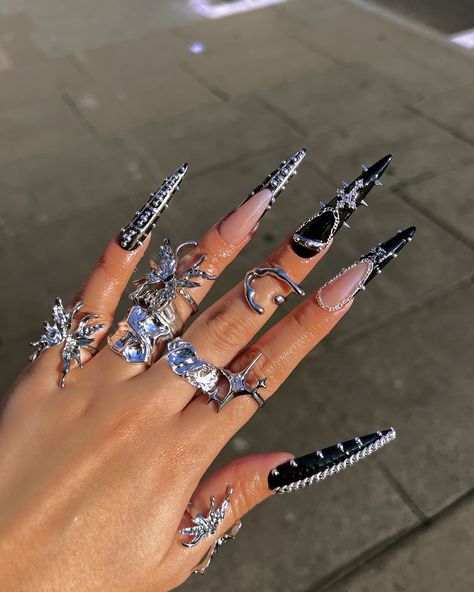 Black X Silver 🩶 . . . . . . #nail #nails #nailsnailsnails #naildesign #nailsart #naildesigns #nailpro #nailpro #nailstagram #nailstagram #nailporn #nailinspo #nailstagram Girly Black Nails, Black Stiletto Nails With Rhinestones, Black Freestyle Nails, Stiletto Nails With Rhinestones, Scorpio Nails, Nails Gems, Freestyle Nails, Fye Nails, Nails With Rhinestones