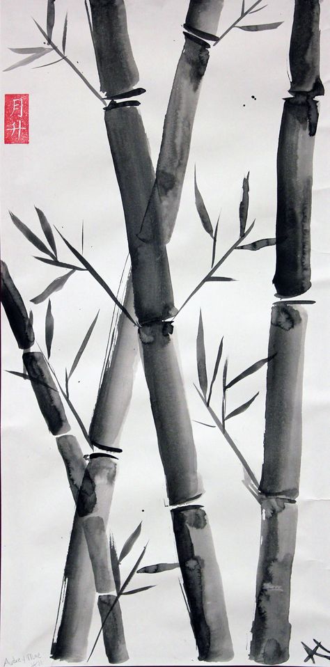 Middle School Art: Sumi Ink Bamboo painting, Art Teacher Jennifer Lipsey Edwards Bamboo Ink Painting, Asian Ink Art, India Ink Art Ideas, Indian Ink Art, Zen Art Paintings, Bamboo Art Painting, Sumie Art, Sumi Painting, Bamboo Drawing