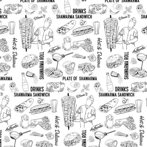 Shawarma cooking and ingredients for kebab pattern Shawarma Background Design, Shawarma Restaurant Design, Shawarma Design, Shawarma Logo, Shawarma Place, Shawarma Ingredients, Mardi Gras Background, Food Stall Design, Paper Bag Design