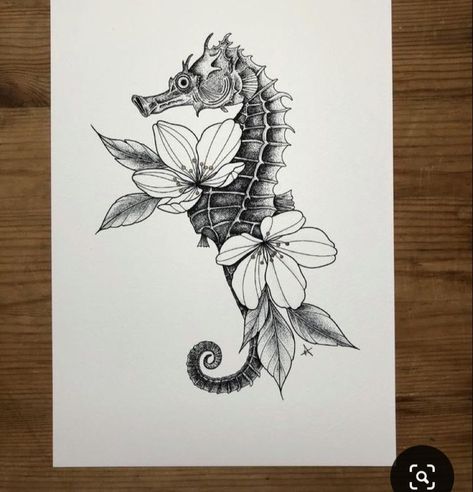 Seahorse Flower Tattoo, Sea Tattoo Sleeve, Thigh Piece Tattoos, Seahorse Tattoo, Cool Chest Tattoos, Vine Tattoos, Leg Sleeve Tattoo, White Drawing, Discreet Tattoos