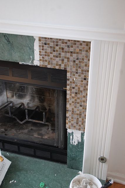 07_getting)started by kitliz, via Flickr Small Basement Remodeling, Fireplace Redo, Fireplace Update, Marble Fireplace, Farmhouse Fireplace, Diy Tile, Faux Fireplace, True Value, Fireplace Remodel