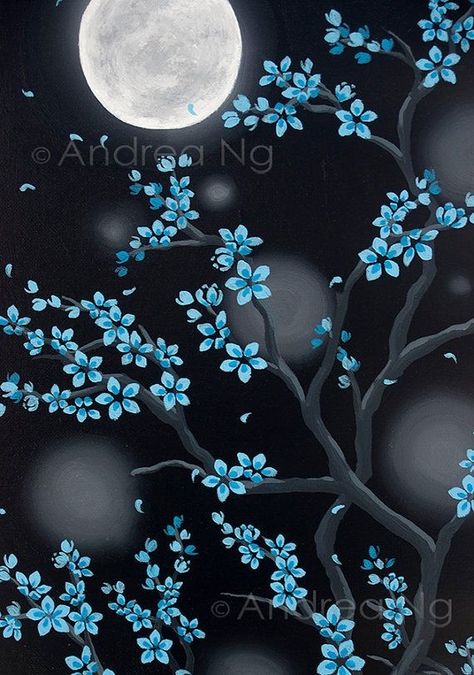 Lighting Artwork, Gothic Painting, Painting Surreal, Black Background Painting, Painting Moon, Blossom Painting, Cherry Blossom Painting, Black Canvas Paintings, Blue Cherry