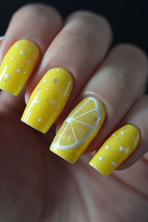 Sunny Lemonade Nail Design Black Almond Nails, Neon Yellow Nails, Lemon Nails, Yellow Nail Art, Simple Spring Nails, Yellow Nails Design, Bright Summer Nails, Spring Nail Designs, Cute Spring Nails