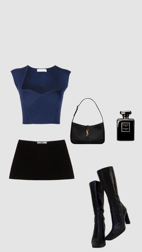 I love mini skirts and boots #ootd #outfitinspo #vibes #blue #beauty #chanel #skirt Classy Mini Skirt Outfit, Ootd Mini Skirt, Black And Blue Outfit Aesthetic, Black Mini Skirt Fits, Mini Black Skirt Outfit, Mini Skirt And Boots Outfit, Blue Mini Skirt Outfit, Outfit Idea Y2k, Winter Outfit Cold Weather