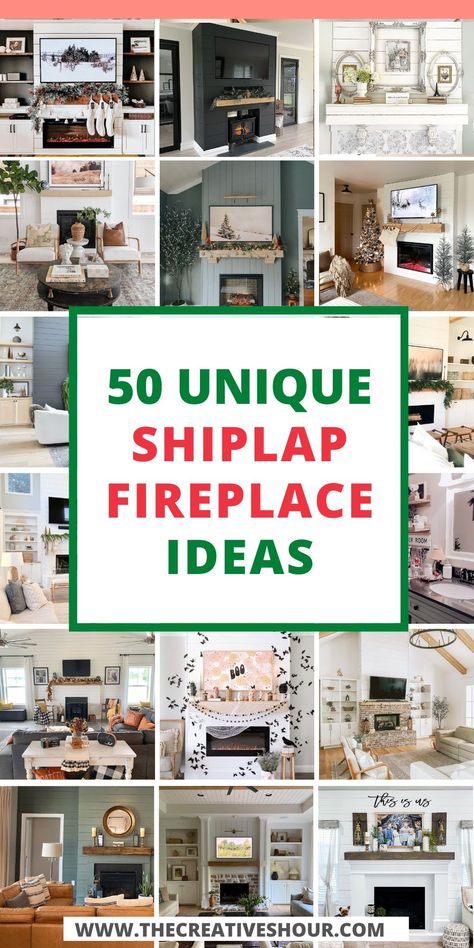 Unleash the charm of shiplap fireplaces in your home! Discover ingenious ideas for walls with wood mantles, built-ins, and festive Christmas decor. Ideal for vaulted ceilings and cozy corners with a TV. Fireplace Walls With Shiplap, Stone Fireplace With Shiplap Above, Diy Fireplace Vaulted Ceiling, Fireplace Ideas With Shiplap, Corner Shiplap Fireplace, Shiplap And Brick Fireplace, Shiplap Shelves, Mantel With Tv Decorating Ideas, Shiplap Fireplace With Wood Mantle