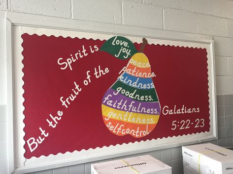 Fruit Of Spirit Decorations, Fruits Of The Spirit Classroom Decor, Fruits Of The Spirit Decorations, Fruit Of The Spirit Bulletin Board Ideas, Fruit Of The Spirit Bulletin Board, Gifts Of The Holy Spirit, Elementary Bulletin Boards, Bulletin Boards Theme, Christian Classroom