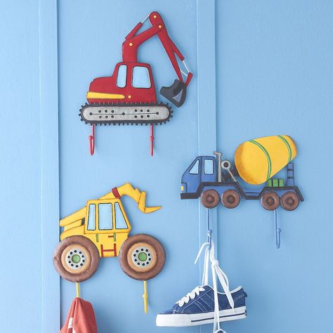 Construction Room For Boys, Boys Construction Room, Room For Boys, Thomas Bedroom, Kids Wall Hooks, Nursery Wall Hooks, Construction Room, Construction Bedroom, Truck Room