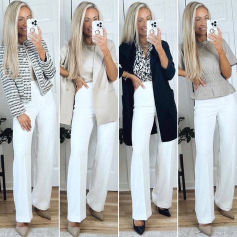 Winter White Dress Pants Outfit, Work Outfits Women White Pants, White Pants Fall Outfit Work, White Pants Outfit Work, White Pants Work Outfit, Ivory Pants Outfit, White Pants Outfit Spring, White Work Pants, White Pants Outfit Winter